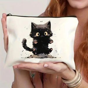 Cat Cosmetic Makeup Bag Clutch Pouch Travel Kitty Black Trendy Cute Organizer